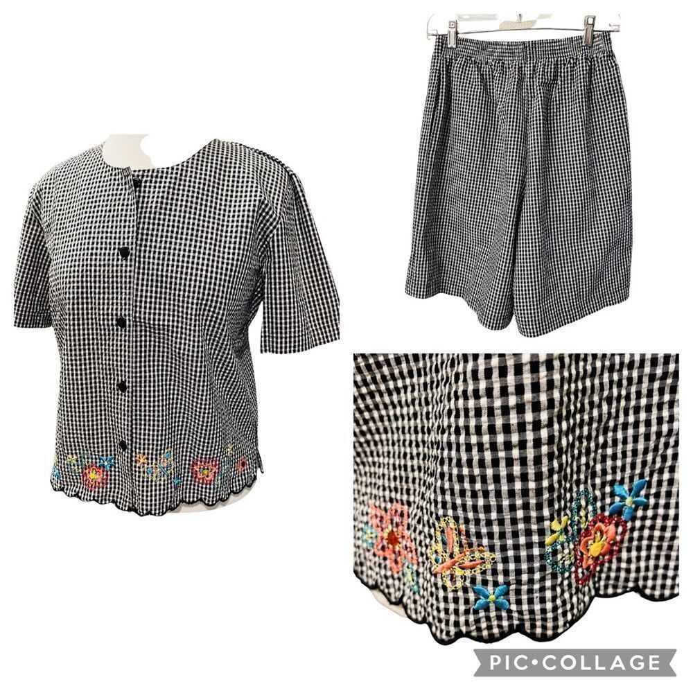SAlE ..Napa Valley 2 pc Shorts Seersucker Black/ White Gingham Embroidered  MP